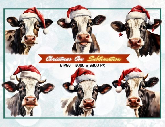 Download 6 Watercolor Christmas Cows Sublimation - Sublimation Collection