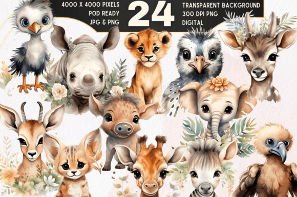 Download 24 Boho Baby Safari Animals Clipart Set - Baby safari animal Collection